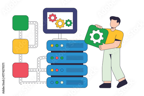 Man configuring Server Infrastructure Network Diagram, Servers, Data Centers, IT Solutions Vector illustration for cloud computing, system administration, tech support, and DevOps concepts