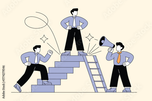 Vector illustration of Leadership, Success, and Business Growth with leader standing on top of stairs, promoting via megaphone with team members on light yellow background