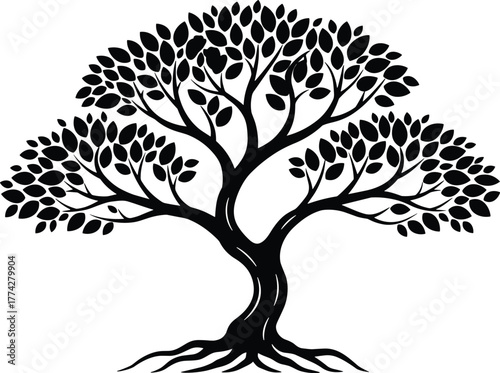 Elegant black tree silhouette with detailed branches and leaves, natural growth concept, minimalist design, cad drawing flat vector illustration