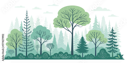 Vector illustration of a serene forest landscape with various trees and foliage in muted green tones artfully arranged