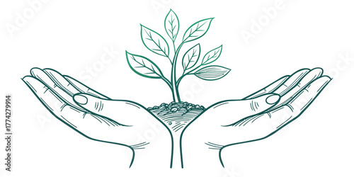 Vector illustration of two hands holding a small plant with leaves and soil in a protective gesture