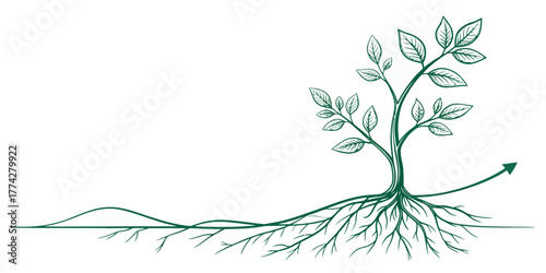 Vector illustration of a stylized tree with roots and leaves with an arrow indicating growth
