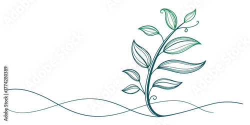 Vector illustration of a green plant with leaves and stem on a white background with wavy lines below it