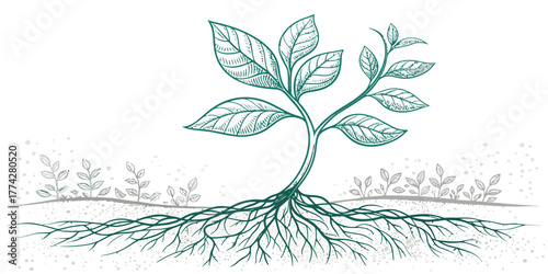 Vector illustration of a young plant with detailed roots and leaves against a white background scene