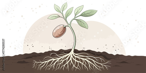 Vector illustration of a sprouting seed with leaves and roots emerging from the dark brown soil ground level