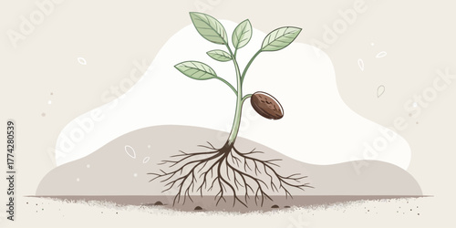 Vector illustration of a young plant with leaves and roots growing from a seed in the ground surface