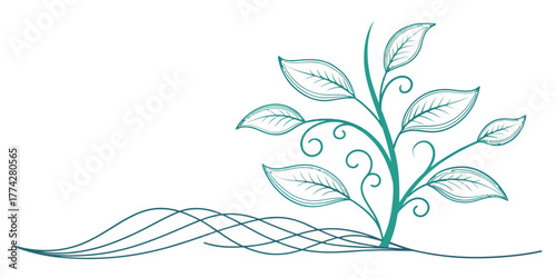 Vector illustration of a teal plant with leaves and swirling tendrils on a white background design element