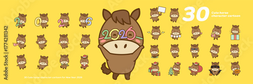 Cute horse character cartoon for New Year 2026 30 Action.