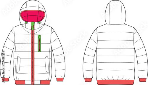 Front and back technical sketch of hooded winter jacket, quilted design, zipper closure, fashion flat drawing, garment construction, outerwear illustration