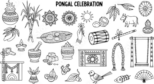 Hand-drawn vector icons set for Pongal celebration, a traditional harvest festival from South India, featuring cultural and religious elements.
