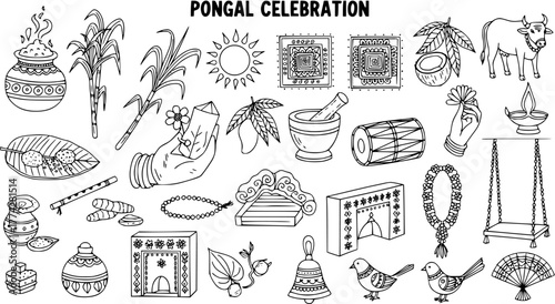 Hand-Drawn Doodle Set for Pongal Celebration - Traditional South Indian Harvest Festival Icons including Sugarcane, Pot, Cow, Sun, Flowers, and Cultural Elements