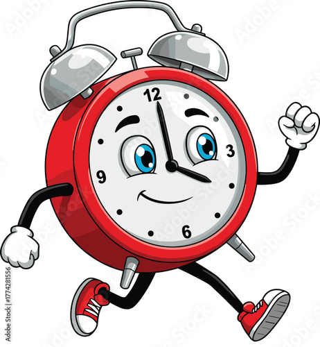 Cute red alarm clock character running happily with smiling face and sneakers, time management concept, cad drawing flat vector illustration