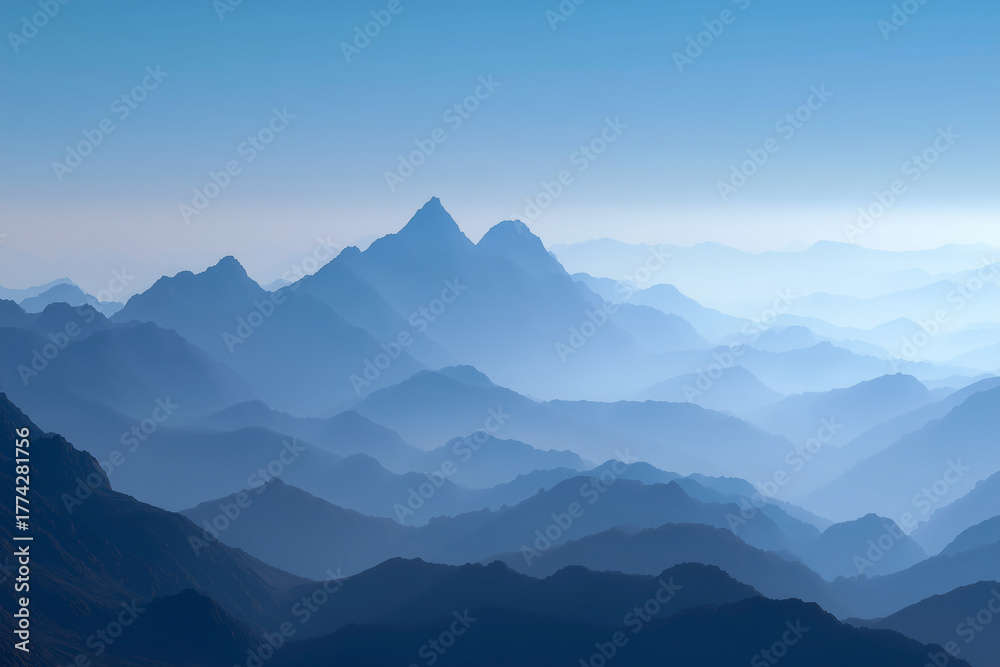 Naklejka premium landscape of mountain peaks above early-morning mist