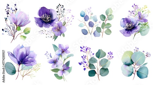 Wallpaper Mural Watercolor floral arrangements with purple flowers and green leaves on white Torontodigital.ca