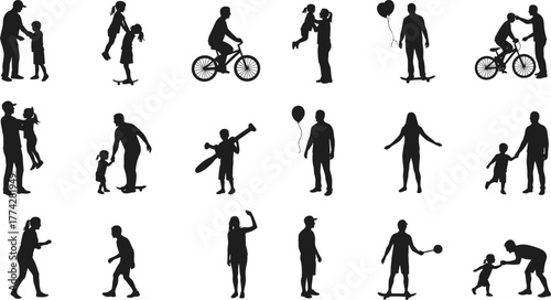 Silhouette illustration of parents and children enjoying outdoor activities, playing, biking, and spending quality family time together, parenting love vector design.