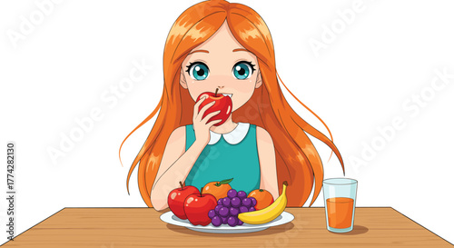 Beautiful girl eating fresh apple with fruits and orange juice on wooden table, healthy breakfast concept, cad drawing flat vector illustration