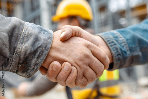 Two construction workers in hard hats seal a deal with a firm handshake, symbolizing partnership and project success on a busy site.