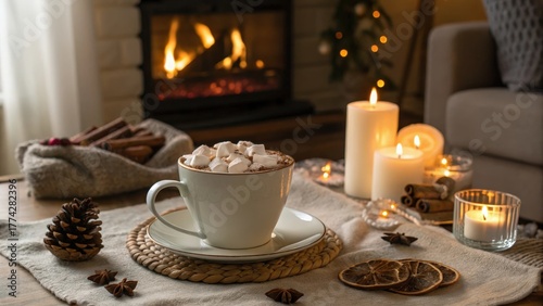 Wallpaper Mural A cup of hot chocolate topped with marshmallows sits on a table in front of a glowing fireplace with soft candlelight Torontodigital.ca