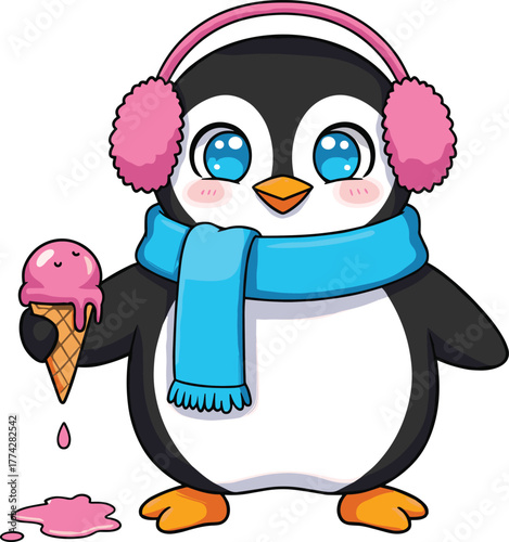 Cute cartoon penguin wearing pink earmuffs and blue scarf holding melting ice cream cone, winter animal art, cad drawing flat vector illustration