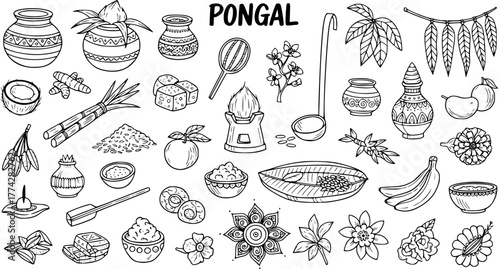 Hand-drawn Pongal Festival Doodle Set: Traditional Indian Harvest Celebration Elements, Food, and Symbols in Black and White Outline Illustrations