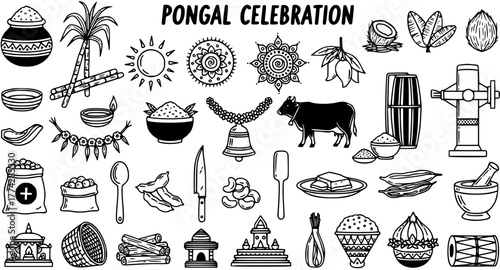 Pongal Celebration Doodle Icons Set. Traditional Indian Harvest Festival Elements. Hand-Drawn Vector Collection with Cultural, Food, and Religious Symbols.