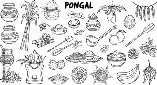 Detailed Pongal festival doodle set: sugarcane, traditional pots, fruits, sweets, and celebration elements. Hand-drawn collection for Indian harvest holiday.