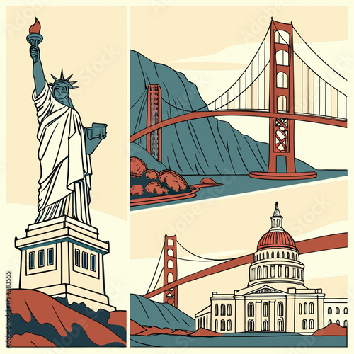 Iconic american landmarks statue of liberty golden gate bridge capitol building silhouette isolated on white background