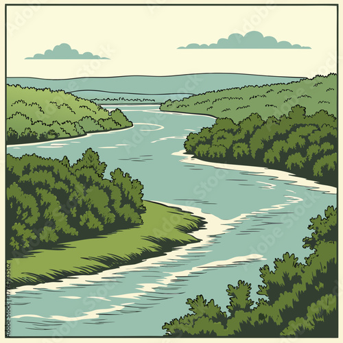 Serene river winding through lush green forests silhouette isolated on white background