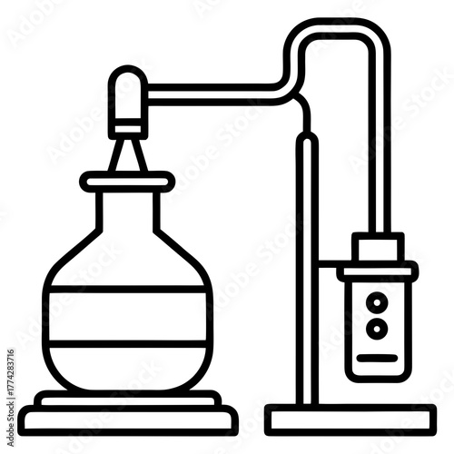 Chemical distillation apparatus with flask and condenser silhouette isolated on white background