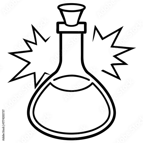 Exploding chemical flask with liquid and cork silhouette isolated on white background