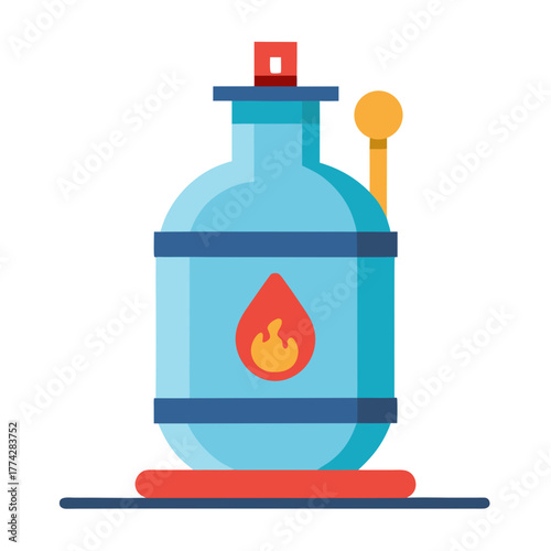 Stylized blue gas cylinder with flame symbol and lever isolated on white background silhouette