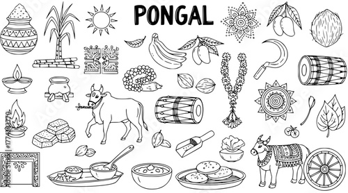 Pongal Festival Doodle Icon Set - Hand-drawn Outline Elements of Indian Harvest Celebration with Traditional Symbols: Bull, Pot, Sugarcane, Sun, Fruits, Food, and Decor.