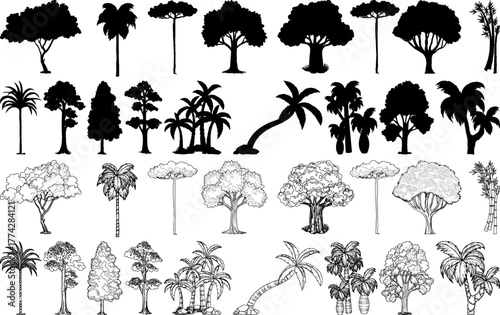 A diverse collection of tree illustrations, featuring various species in both solid black silhouette and detailed line art styles.