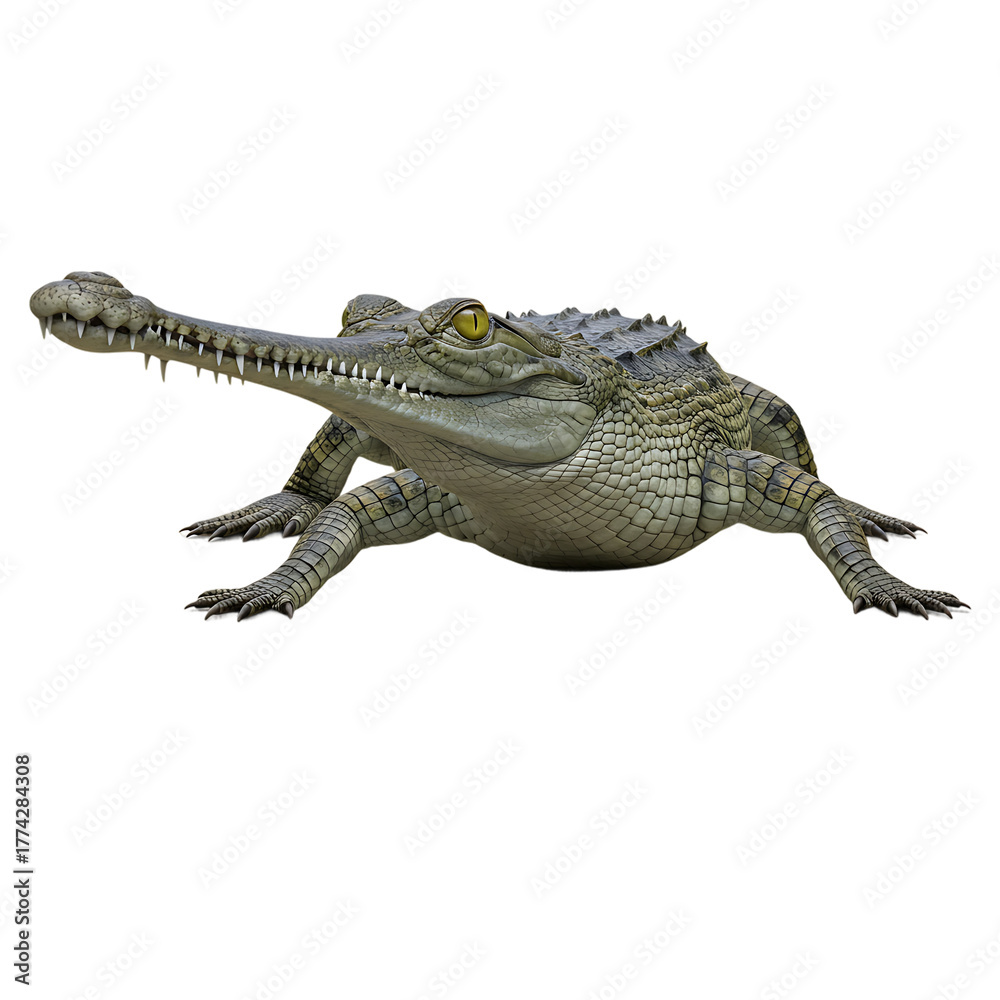 Naklejka premium Gharial crocodile isolated on transparent background detailed aquatic reptile with long narrow snout and sharp teeth
