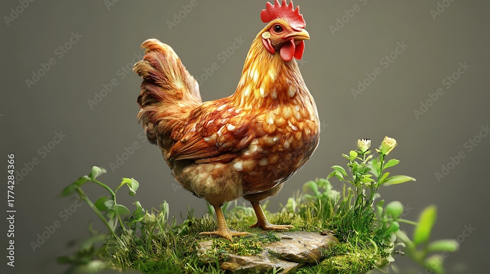 Fototapeta premium Stuffed hen standing on a patch of green grass
