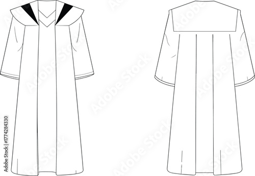 Graduation gown front and back view, academic robe illustration, ceremonial outfit design, technical fashion sketch, university regalia vector, educational apparel template