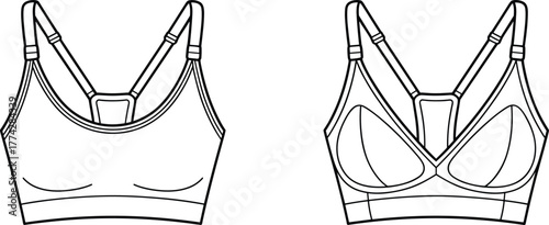 Front view technical sketch of sports bra design, featuring basic and structured styles, racerback straps, contour seams, fashion illustration, garment construction