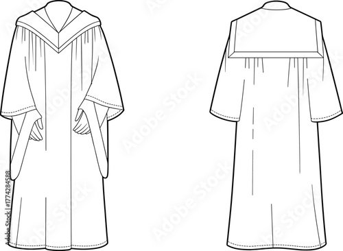 Graduation gown front and back view, academic robe sketch, ceremonial fashion illustration, pleated yoke design, technical apparel vector, university regalia template