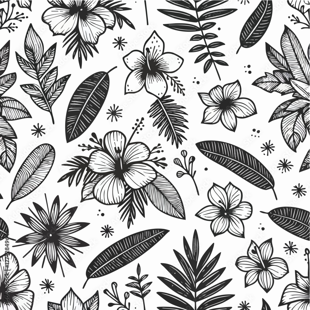 Fototapeta premium topical floral doodle handraw black and white color