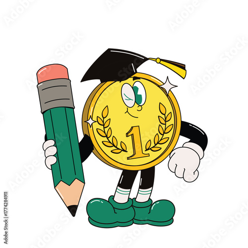 Retro Cartoon Coin Character with Graduation Cap Holding a Pencil Illustration