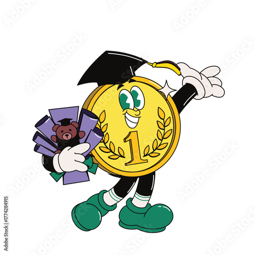 Fun Character Coin Mascot Graduation with Teddy Bear Cartoon Illustration