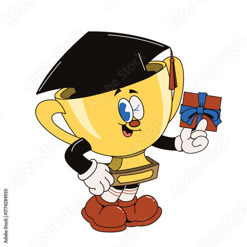 Animated Golden Trophy with Graduation Cap and Gift Box Character Illustration