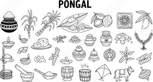 Pongal Festival Hand Drawn Doodle Elements Set: Traditional South Indian Harvest Celebration Symbols, Icons, and Cultural Illustrations