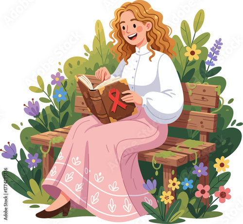 Whimsical garden scene featuring a young woman reading a book with a red ribbon charm surrounded