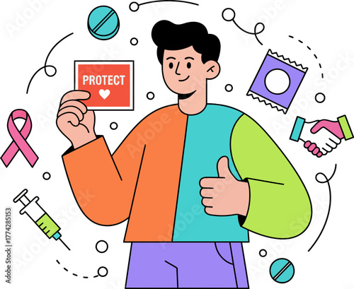 Young Man Advocating for HIV Awareness and Prevention with Supportive Symbols