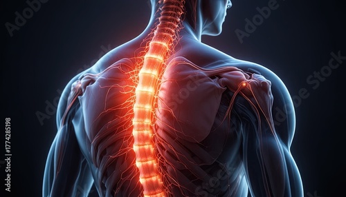 Radiant spine illustration for medical research, showcasing human anatomy with glowing nerves and detailed skeletal structure for educational projects