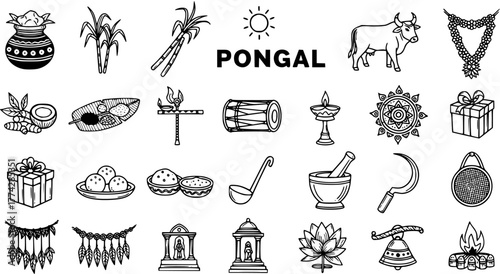 Black and White Line Art Icon Set for Pongal Festival, Featuring Traditional Indian Harvest Symbols, Cultural Elements, and Ritual Objects