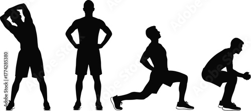 Silhouette of man exercising and stretching body, athletic male performing workout poses, fitness training illustration, sport warm-up vector, gym exercise design
