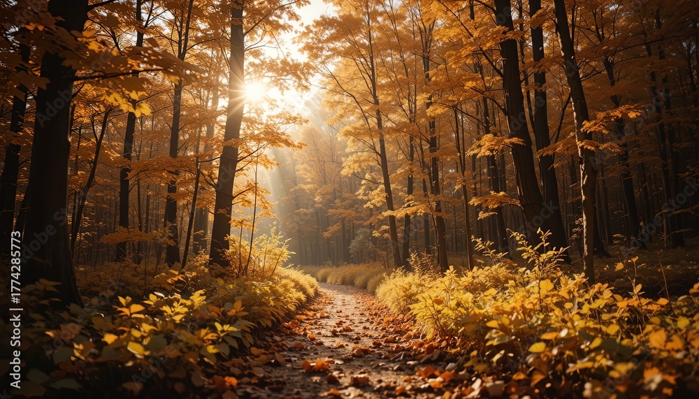 Obraz premium Stunning autumn forest path with golden leaves and warm sunlight streaming through trees, perfect for serene backgrounds and seasonal campaigns