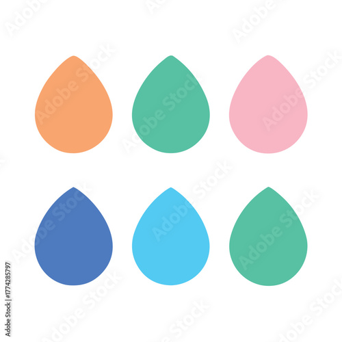 Six colorful teardrop shapes on a white background